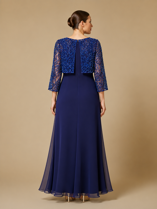 Elegant long silk chiffon Dress DEMETRA with sequin embroidered sleeves and cuffs, flowing silhouette, perfect for red carpet events