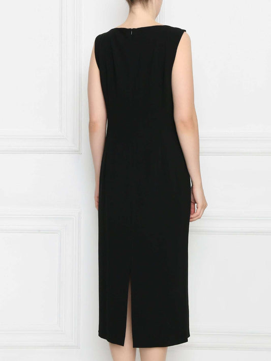 Elegant Dress DICOREO with silver embroidery, square neckline, zipper back, slit, and 3/4 sleeves