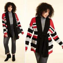 Bright striped cardigan with towel collar, fringed edge, long sleeves, and belt