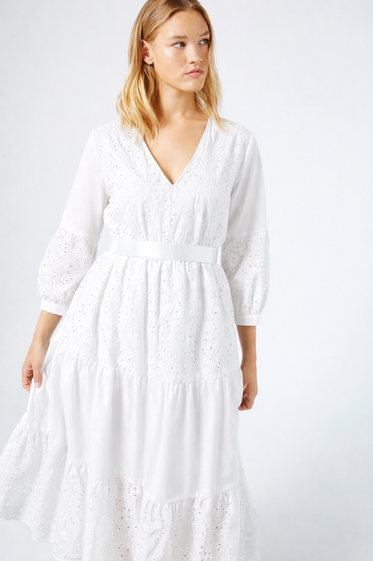 White ONTANO Broderie Anglaise cotton dress with flounced tiers and V-neckline