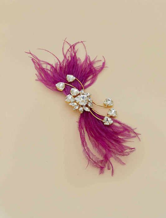 Bejeweled brooch with chatons, feathers, and stones on metal and glass