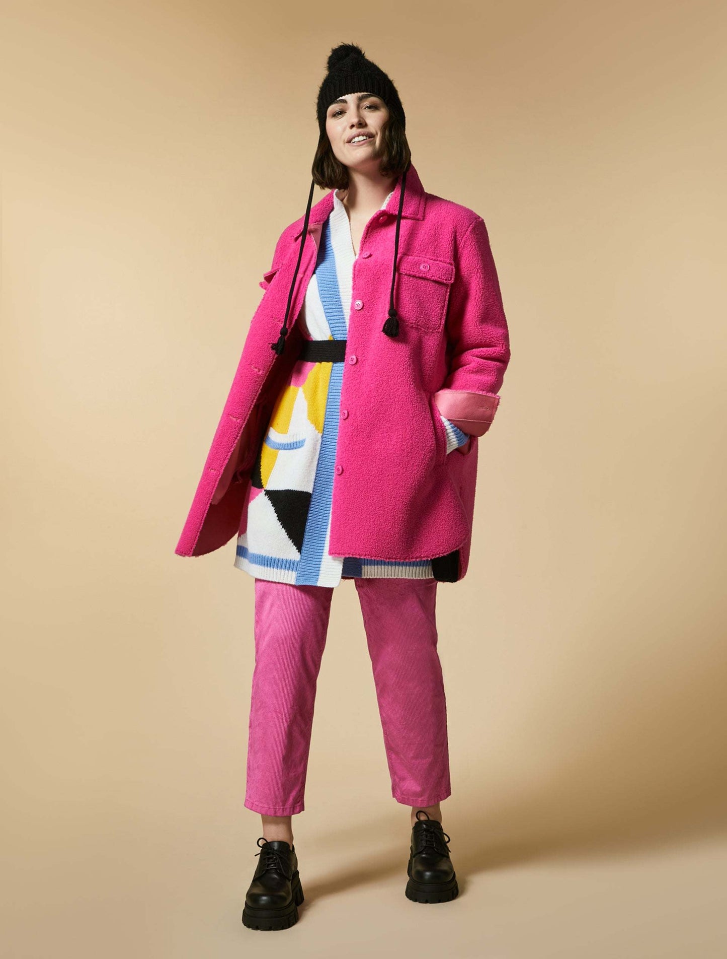 Cardigan MAGICCO cozy wool-blend V-neck cardigan with multicoloured inlay and matching belt