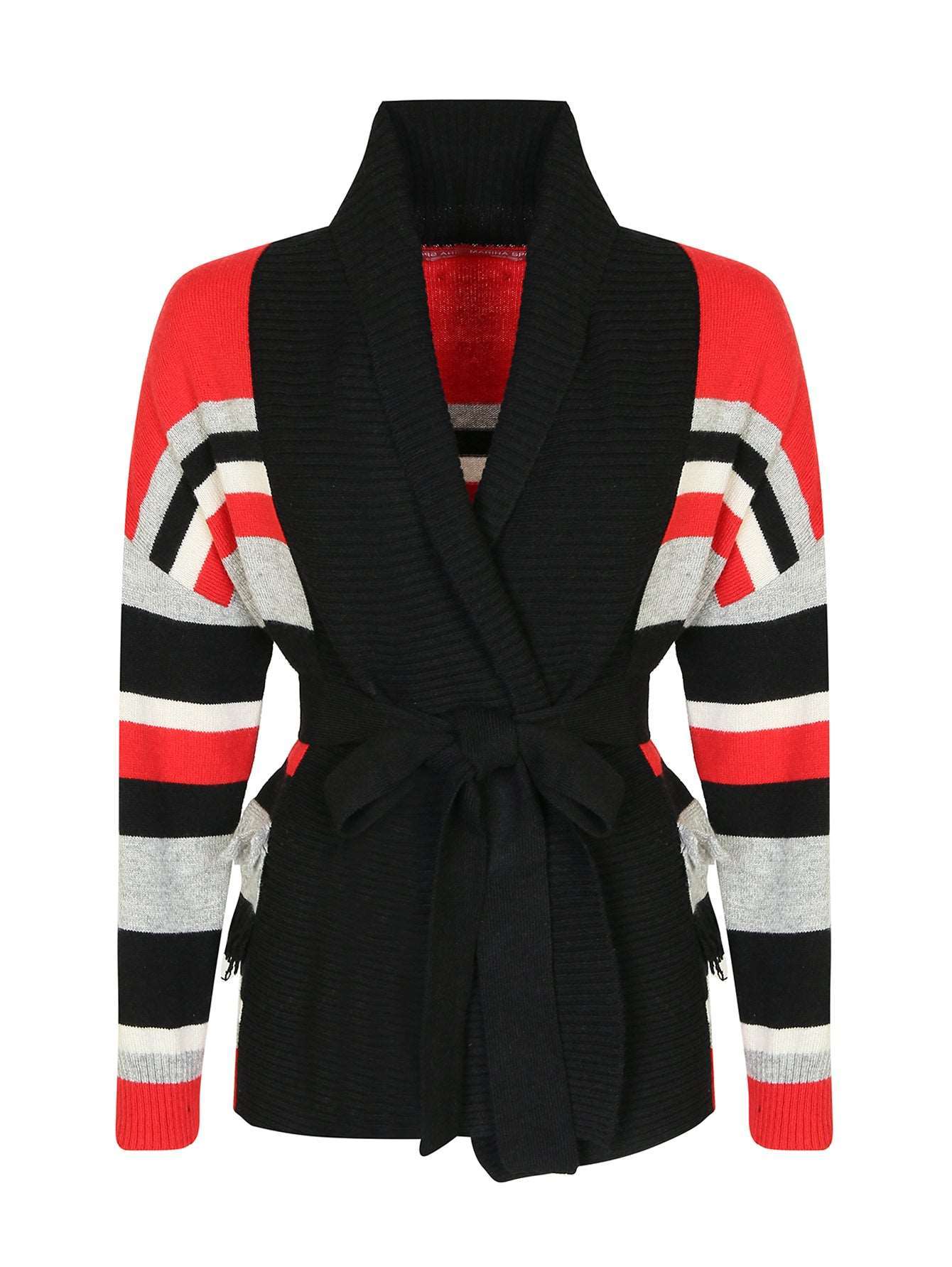 Bright striped cardigan with towel collar, fringed edge, long sleeves, and belt