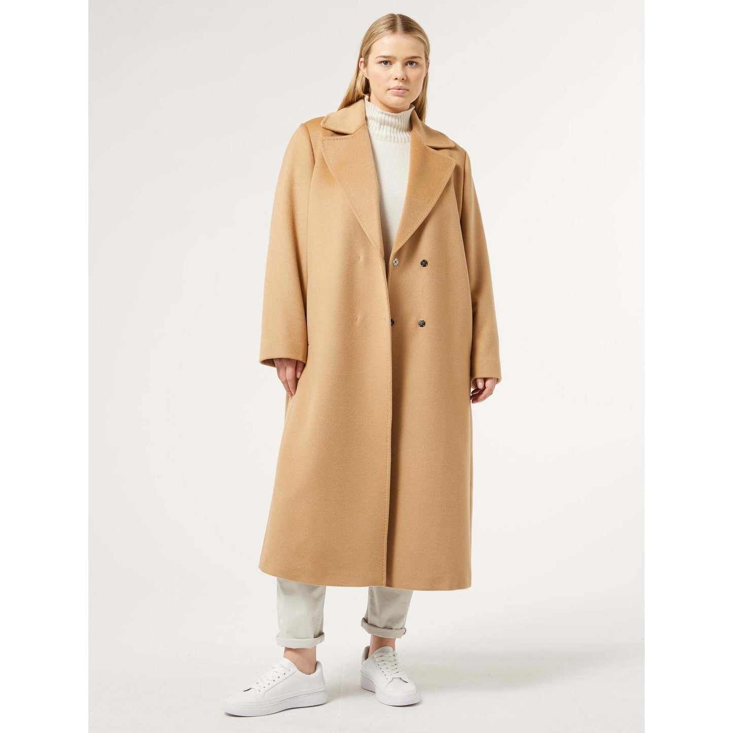 Elegant pure wool coat from Persona by Marina Rinaldi with handmade trim and matching belt