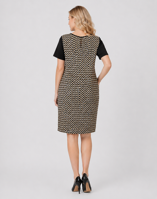 DECIDERE dress by Persona by Marina Rinaldi, classic sheath with floral graphic front and solid back, short sleeves, round neckline, 100% cotton