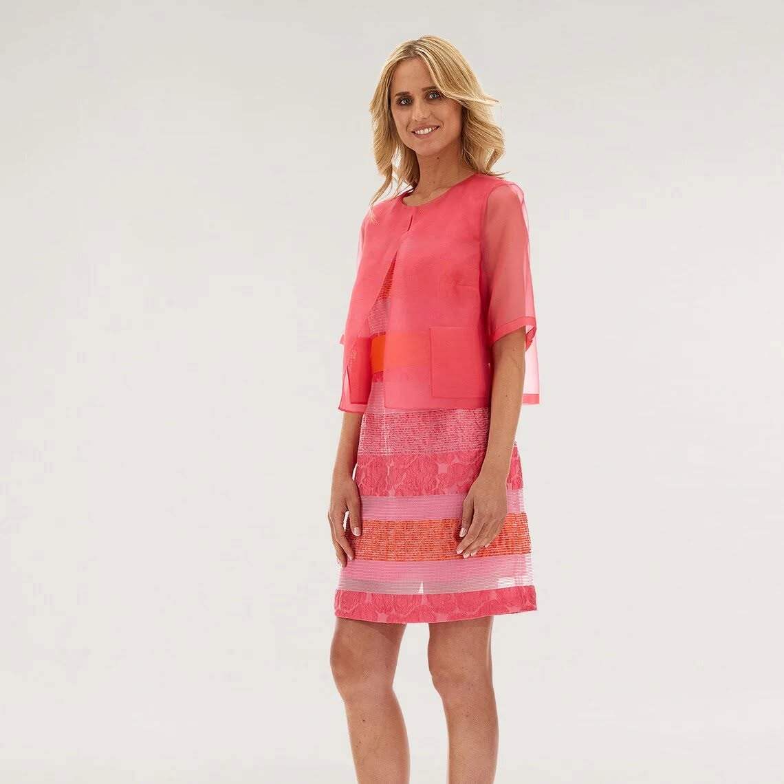 Silk organza cocktail dress Silvia by Caractere in pink-orange with stripe texture and round neckline