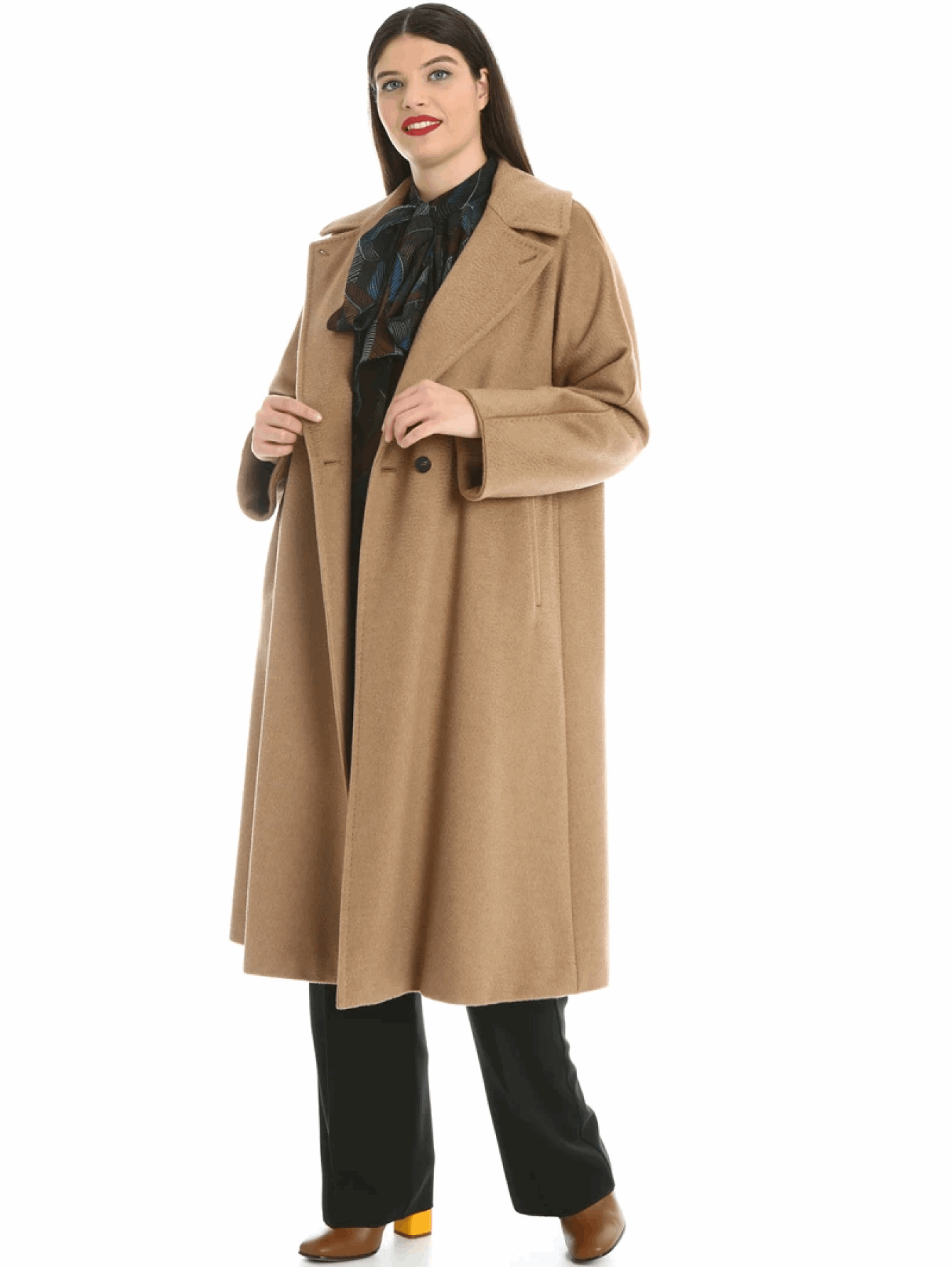 Coat TIGROTTO plus size camel wool coat with belt and turn-down collar