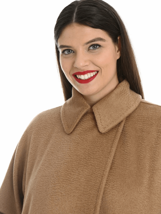 Plus size Coat TIGROTTO in premium camel wool with belt and turn-down collar
