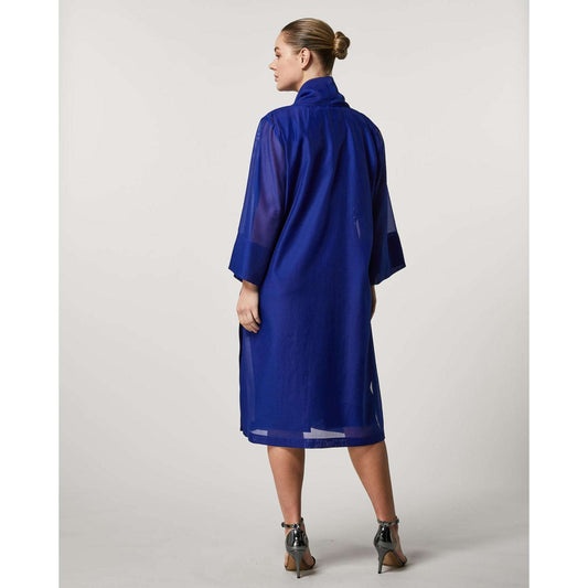 Coat GIUDA elegant unlined organza overcoat with shawl collar, 3/4 sleeves, side slits, and belt in lightweight polyester