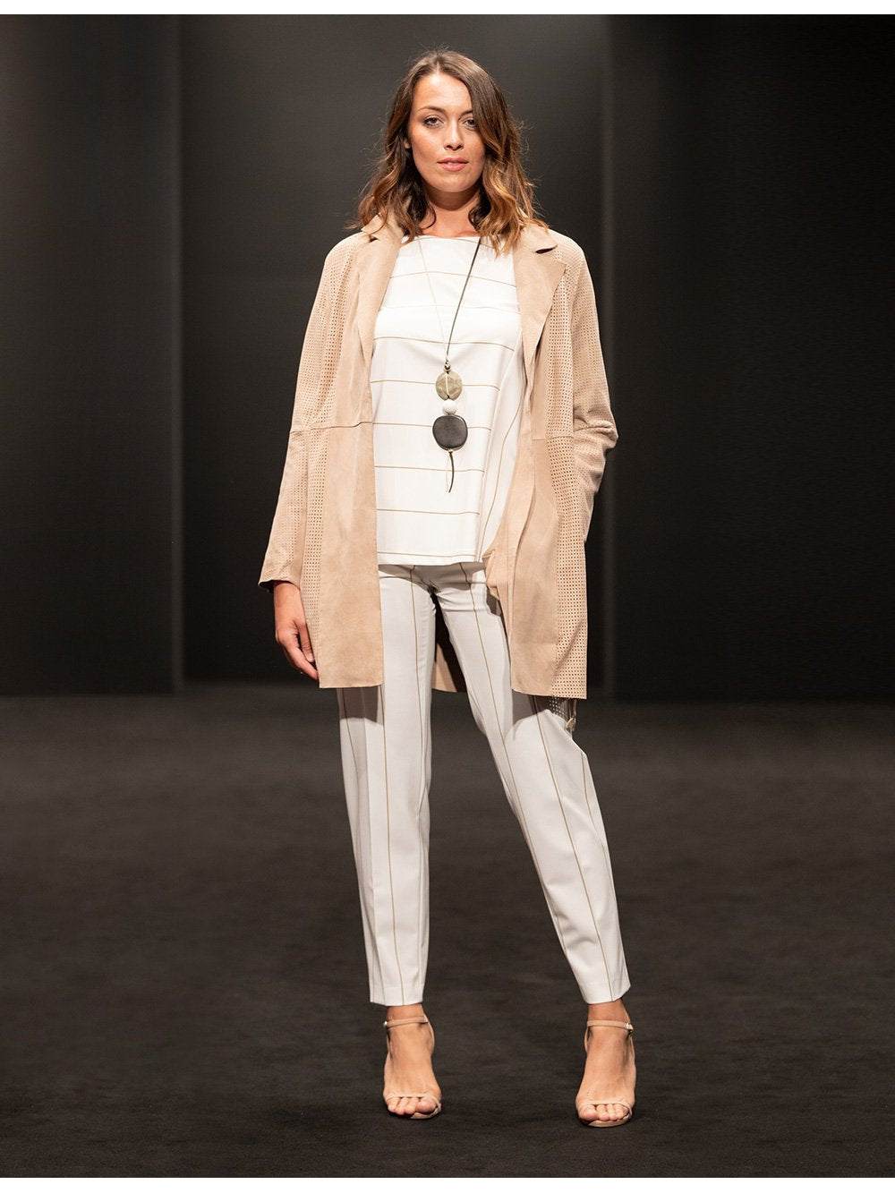Beige perforated genuine leather jacket with belt by Per Te by Krizia, lightweight and elegant design