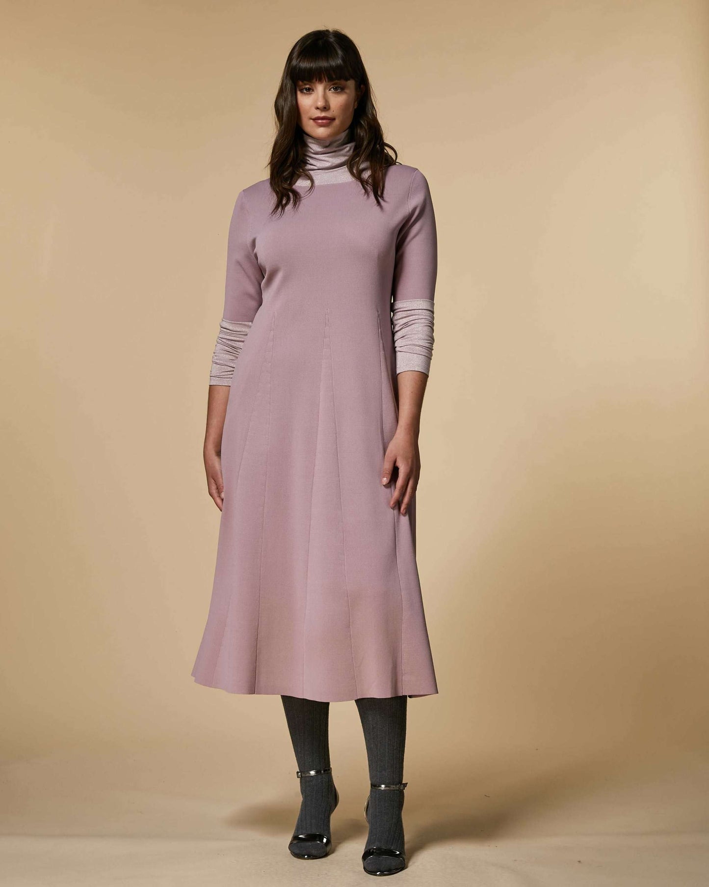 Dress GABRIELLE with stretchy viscose knit, segmented intarsia wedge, wide neckline, long sleeves, and flared silhouette