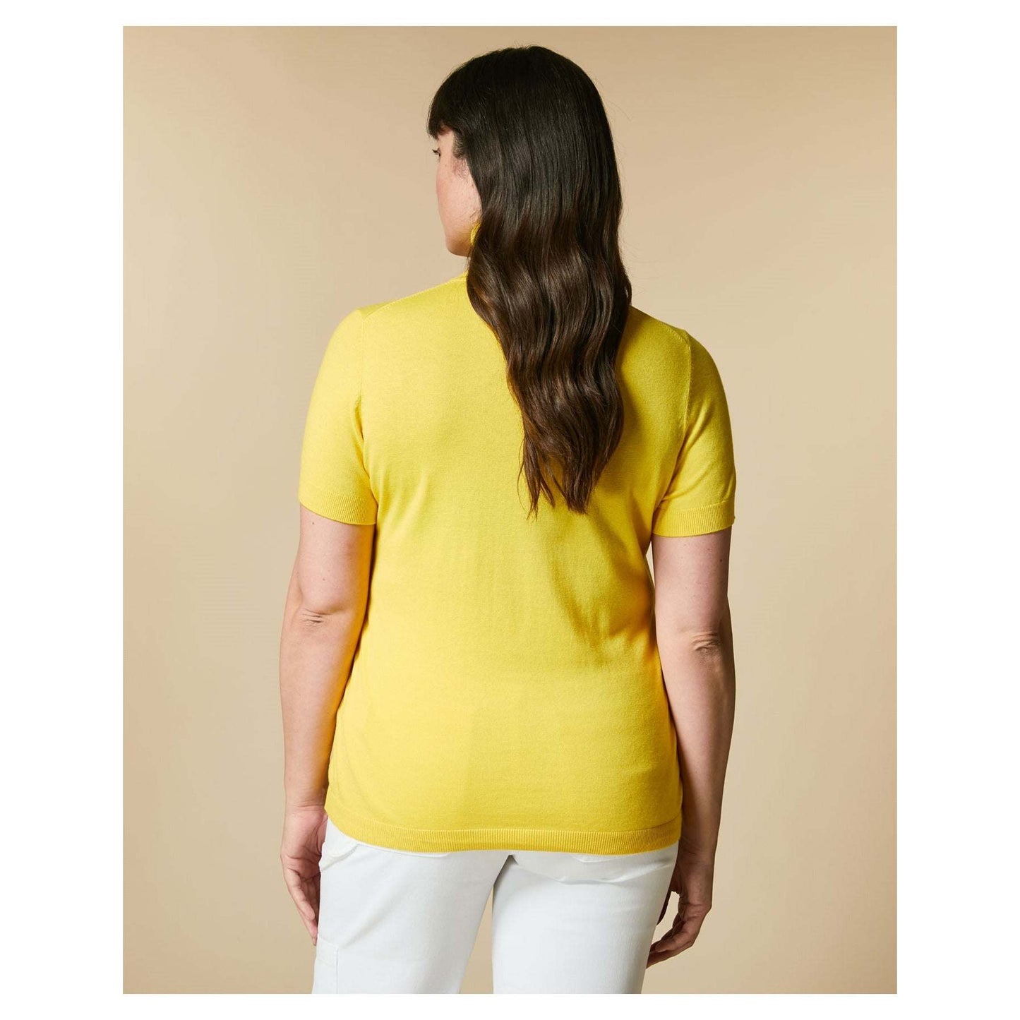 Vibrant yellow AGAVE short-sleeved sweater with high neckline and ribbed trims from Marina Rinaldi Marina Sport collection
