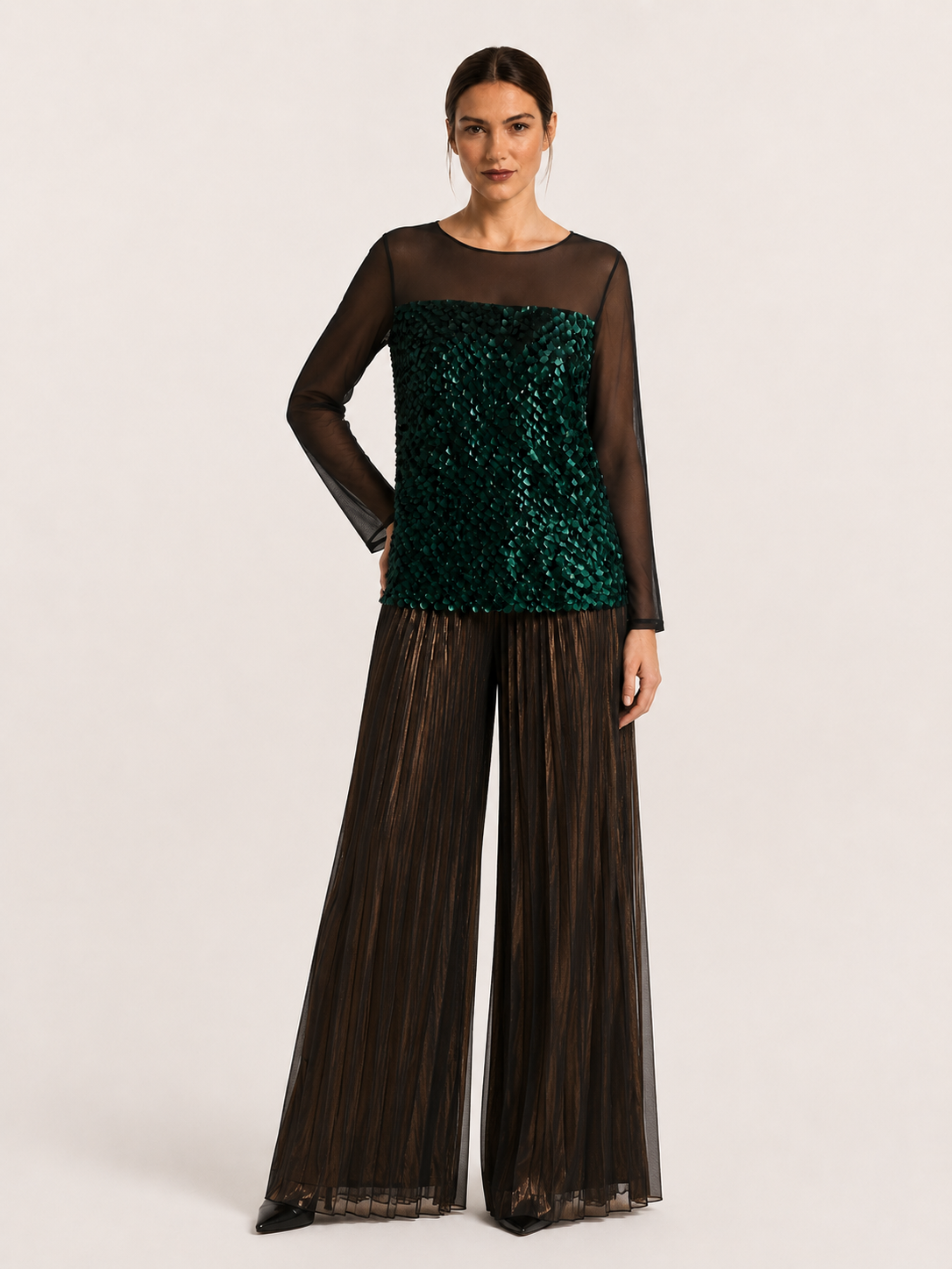 VOLUME Embellished Cotton Blouse with emerald green sequin scales, sheer yoke, and long sleeves by Marina Rinaldi