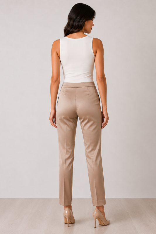 RUSSIA classic straight trousers by Persona by Marina Rinaldi in smooth silk-like fabric with front crease and side zip, ideal for office and smart casual wear