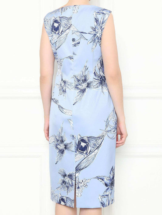 Elegant DECAEDRO dress with crystal embellishments, round neckline, back slit, and hidden zipper