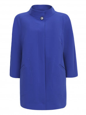 TEORIA jacket by Marina Rinaldi — front view with button, cornflower blue