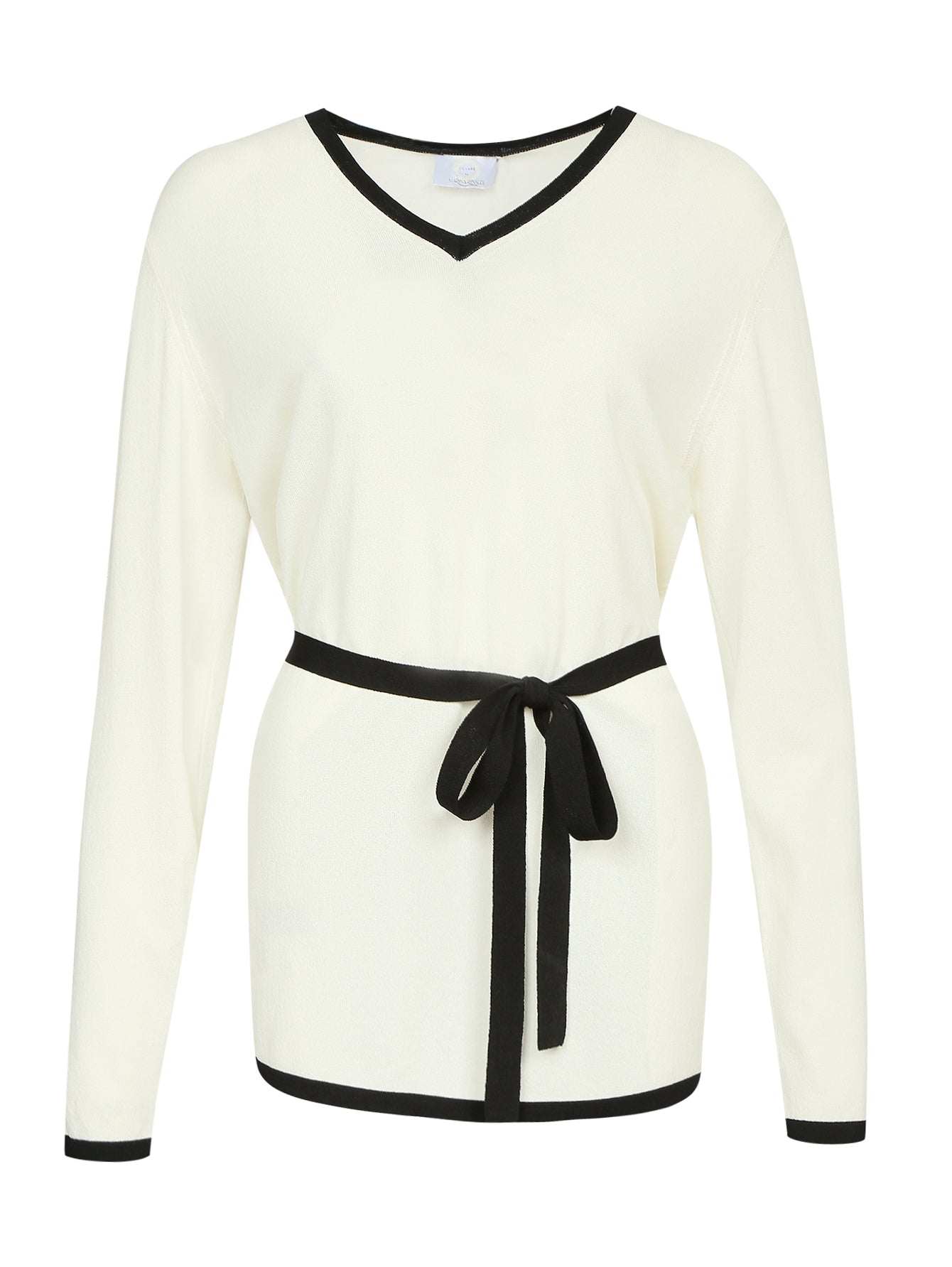 White Sweater DEMARCHI with black striped trim and belt, non-creasing fabric, stylish travel knitwear