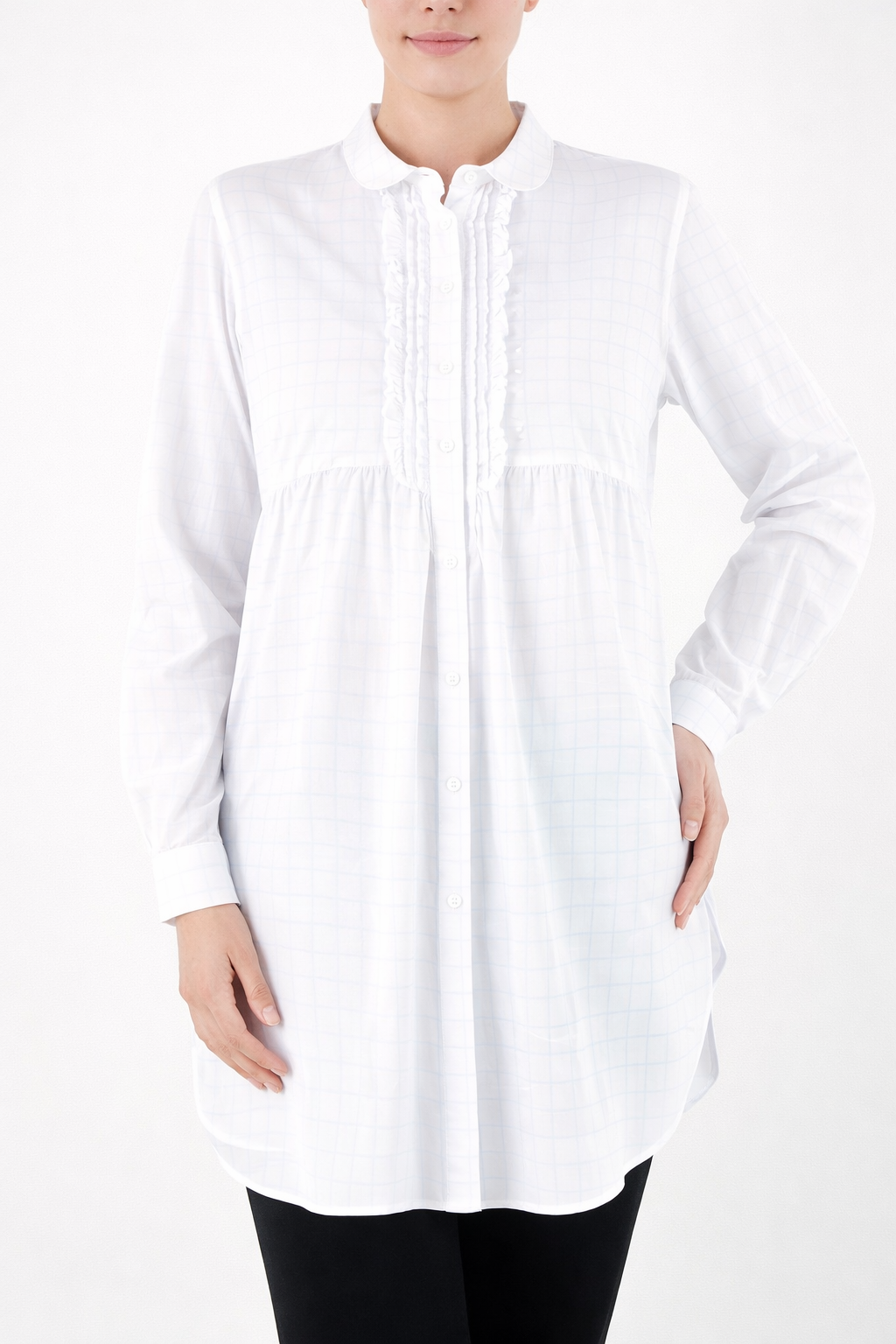 White GAFFI cotton shirt with long sleeves and ruffle polo fastening by Marina Rinaldi