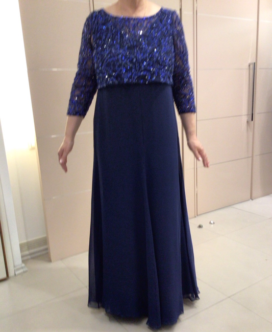 Elegant long silk chiffon Dress DEMETRA with sequined sleeves and flowing silhouette from the Red Carpet collection