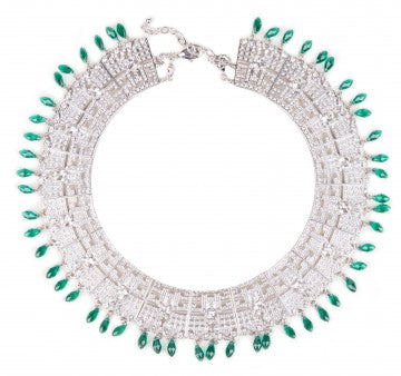 Top view of Marina Rinaldi’s LAMA necklace with geometric silver design and green crystals