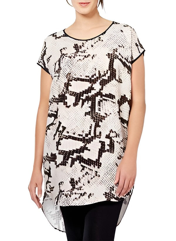 Favella animal-print tunic by Persona featuring lightweight fabric, round neckline, dolman sleeves, and a longer back hem.