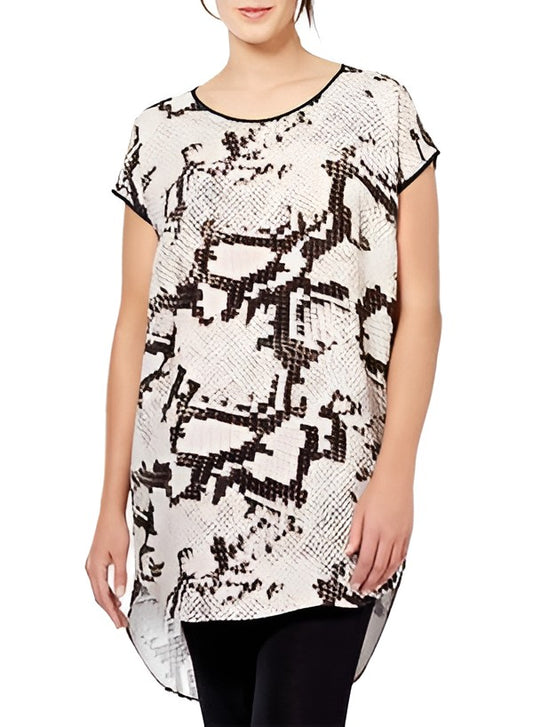 Favella animal-print tunic by Persona featuring lightweight fabric, round neckline, dolman sleeves, and a longer back hem.