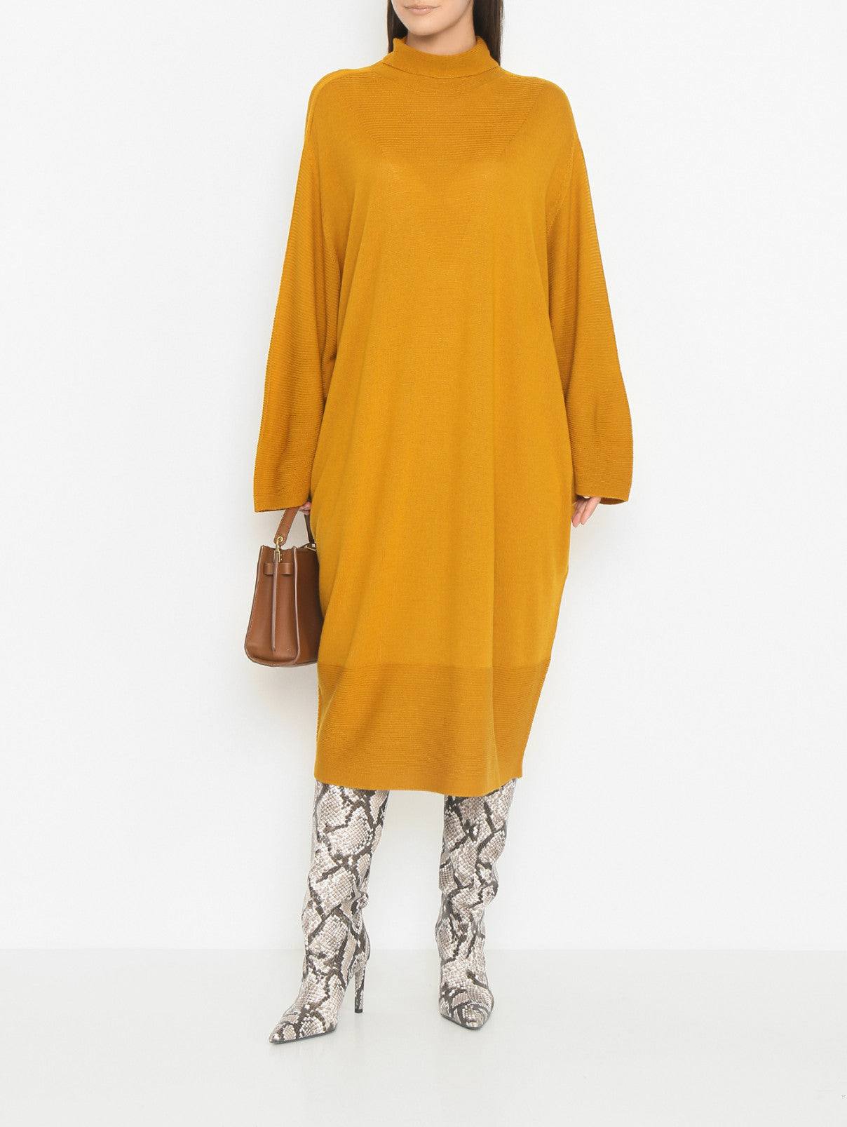 Dress GRACE seamless trapeze silhouette with raised stitches and high collar in merino wool blend