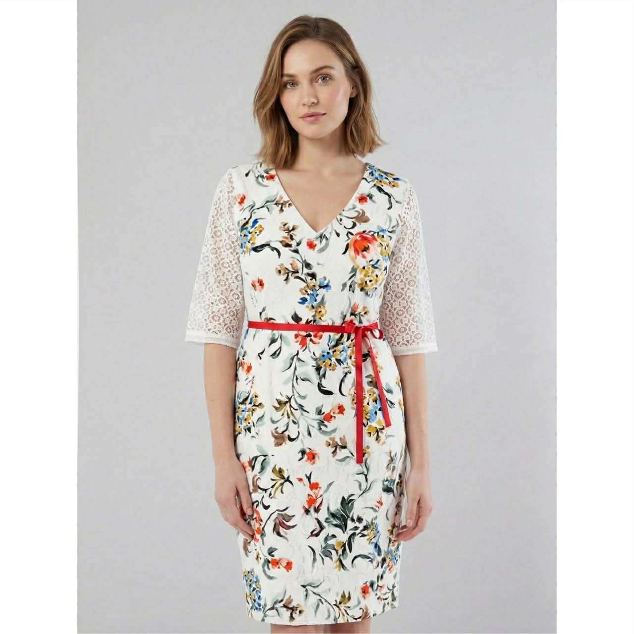 Dama floral dress with red belt and lace sleeves in soft cotton fabric