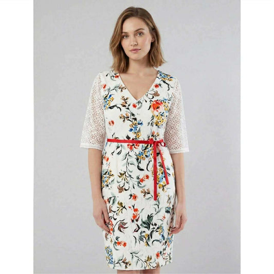 Dama floral dress with red belt and lace sleeves in soft cotton fabric