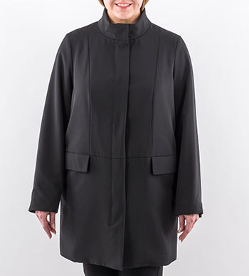 Practical NESSO quilted coat in black with stand-up collar, concealed fastening, and flap pockets — Persona by Marina Rinaldi