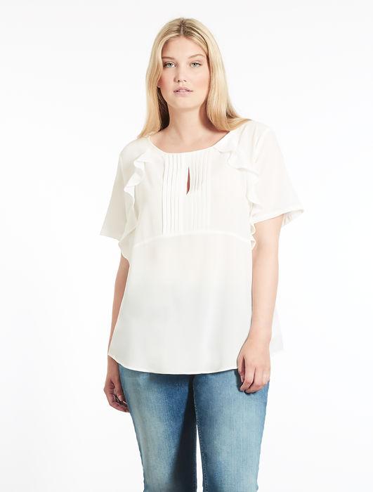 White BIT blouse with short ruffled sleeves, keyhole neckline, and decorative pleats in plus size design