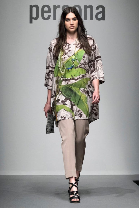 Fauna tunic with green leaves and animal print, Persona by Marina Rinaldi, front view