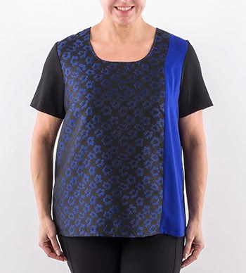 FAIR blouse by Persona by Marina Rinaldi with short sleeves, round neckline, and embroidered contrast front panel in lightweight polyester