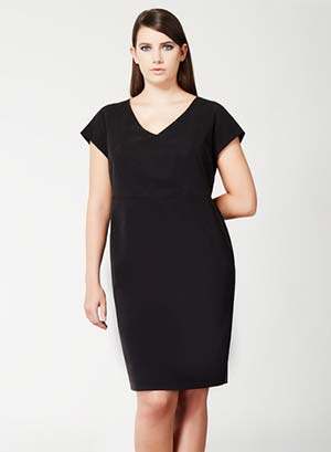 Classic DOLL dress by Persona by Marina Rinaldi, sheath silhouette with V-neck and short sleeves in stretchy lyocell blend