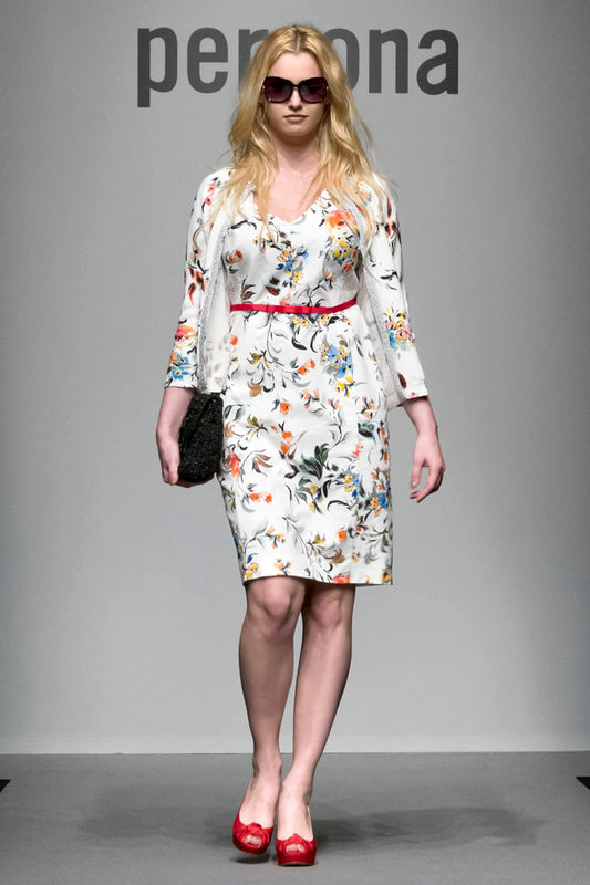 Dama floral dress with lace sleeves and red belt, Persona by Marina Rinaldi, front view