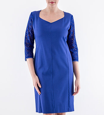 Decorato cobalt-blue dress with lace sleeves, Persona by Marina Rinaldi, front view