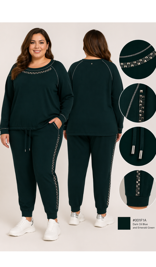 ROCCY Sport Set deep dark oil blue plus size athleisure with rhinestone details and elastic waistband trousers