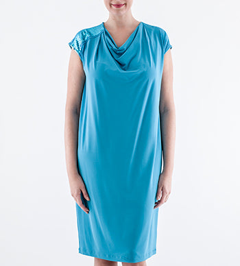 Oceanico blue draped dress with sequin shoulder detail, Persona by Marina Rinaldi, front view