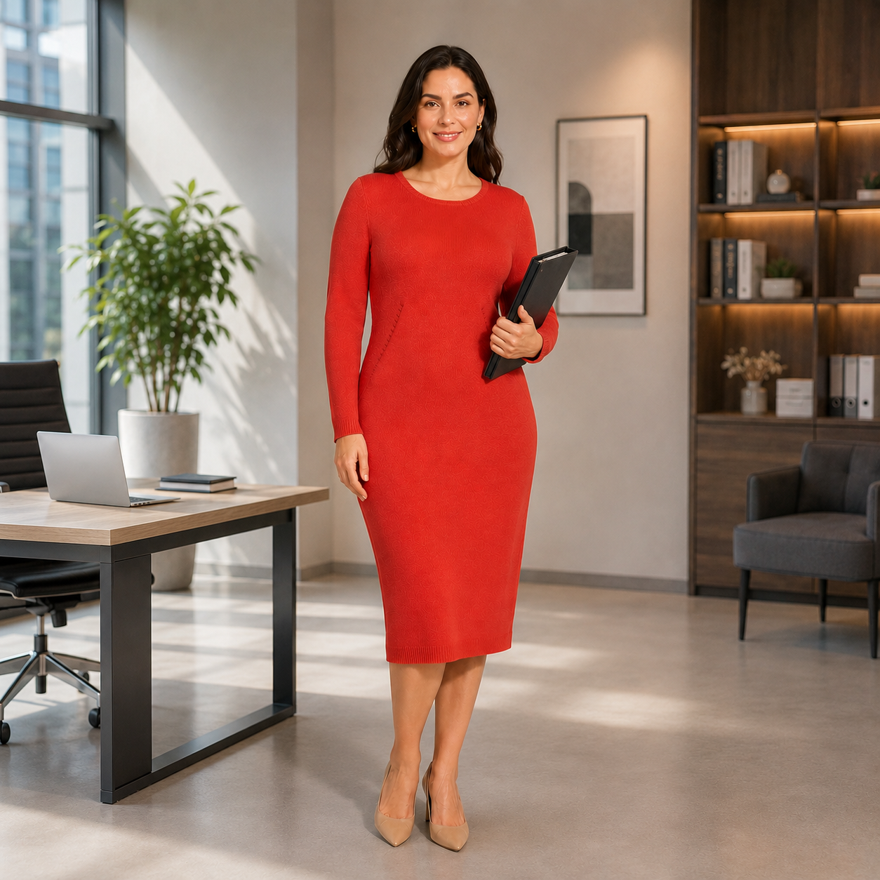 Coral red Marina Rinaldi long sleeve wool and silk knit sheath dress with fully fashioned shaping panels and round neckline