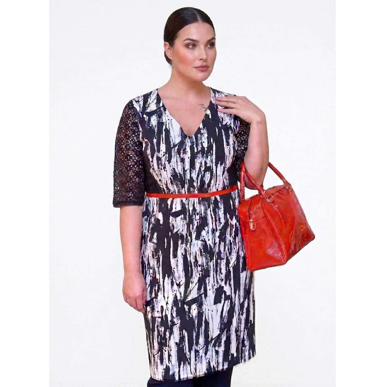 Dama floral dress with lace sleeves and red belt in soft cotton fabric