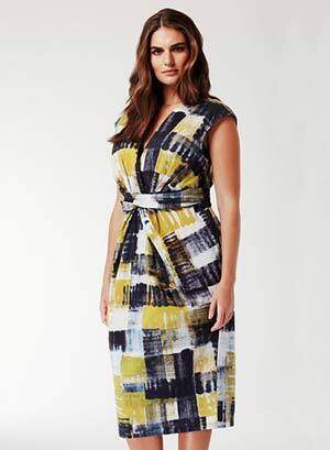 Dress DEVON sleeveless yellow gray print poplin with V-neck and draped waist
