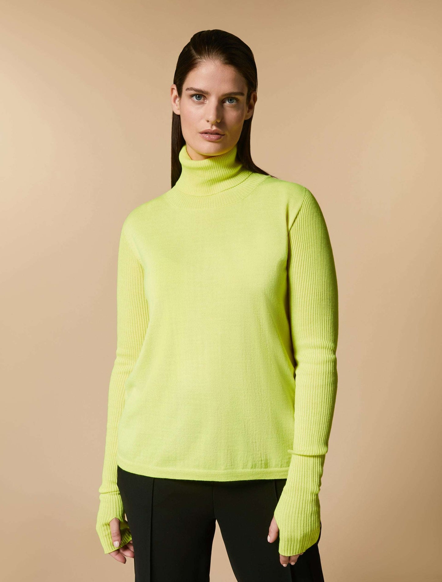 ASSOLUTO high-neck sweater in bright blue made from superfine merino wool blend with thumbhole cuffs