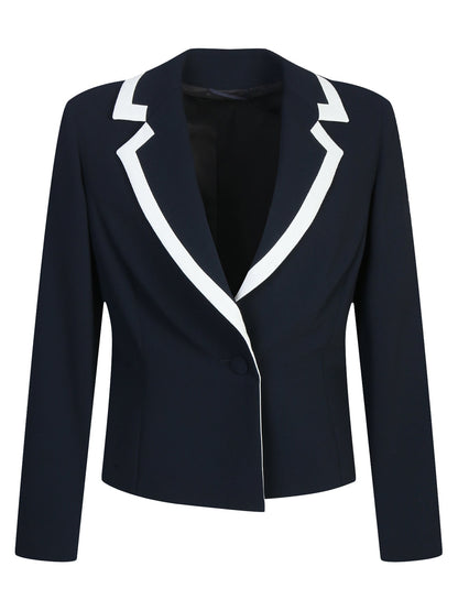Marina Rinaldi CARISMA cropped navy jacket in smooth fabric, with bold white contrast trim on the notched lapels and long sleeves.