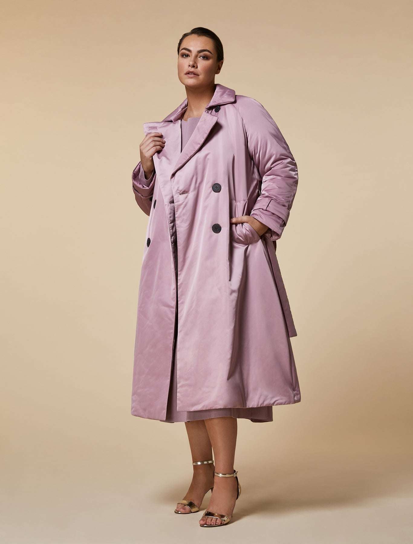 Long padded waterproof quilted coat PEPITA with trench design and double-breasted buttons