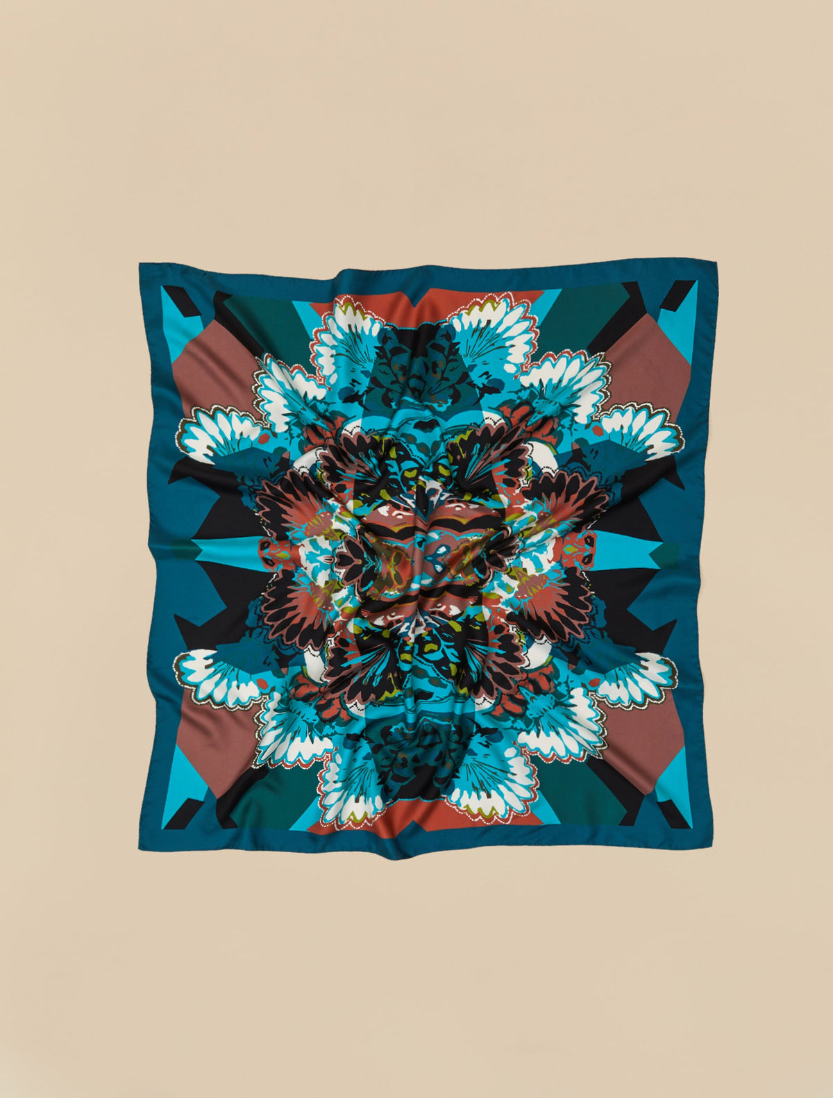 Printed silk twill neckerchief with a multicolored geometric and floral pattern in blue, brown, teal, and white tones