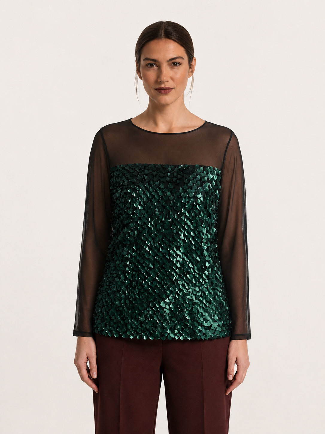 VOLUME Embellished Cotton Blouse with emerald scale-shaped sequins and sheer yoke by Marina Rinaldi