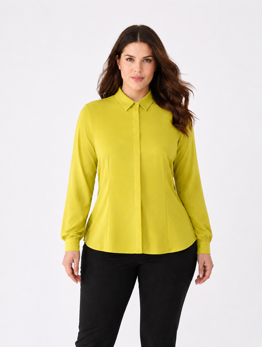 BAUTA fitted blouse with classic collar, hidden buttons, long cuffed sleeves, and tailored silhouette