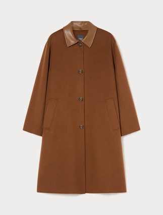 A brown wool-blend coat with a contrasting brown leather collar, featuring a button-front closure and large front patch pockets, shown against a light gray background.
