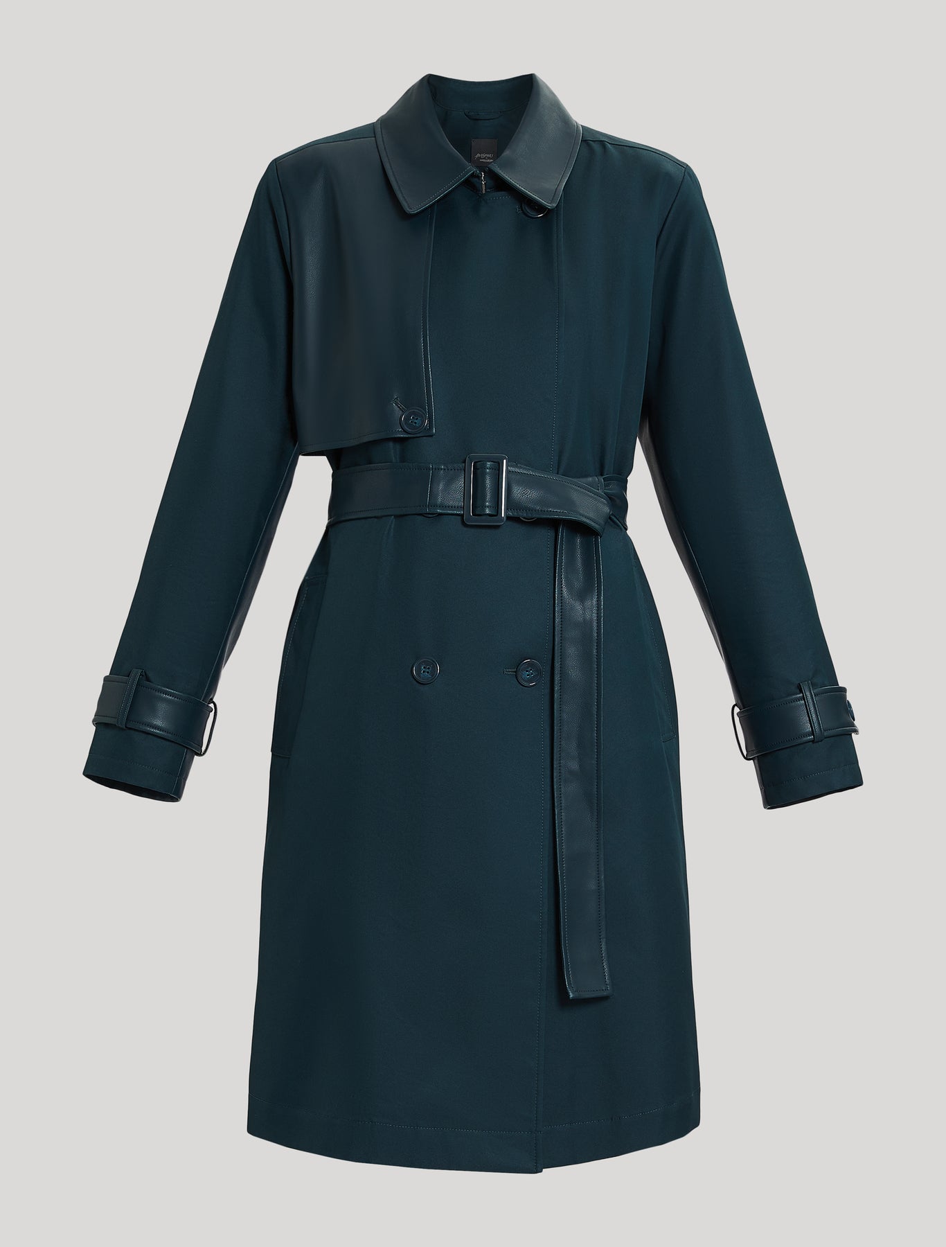 Crafted from water-resistant cotton with coated jersey details, the double-breasted trench coat features a lapel collar, belted waist and hook-and-eye closure for a sophisticated