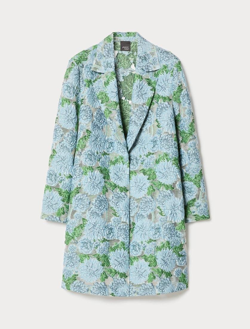 Floral jacquard duster coat in pastel blue and green with a notched collar and straight fit